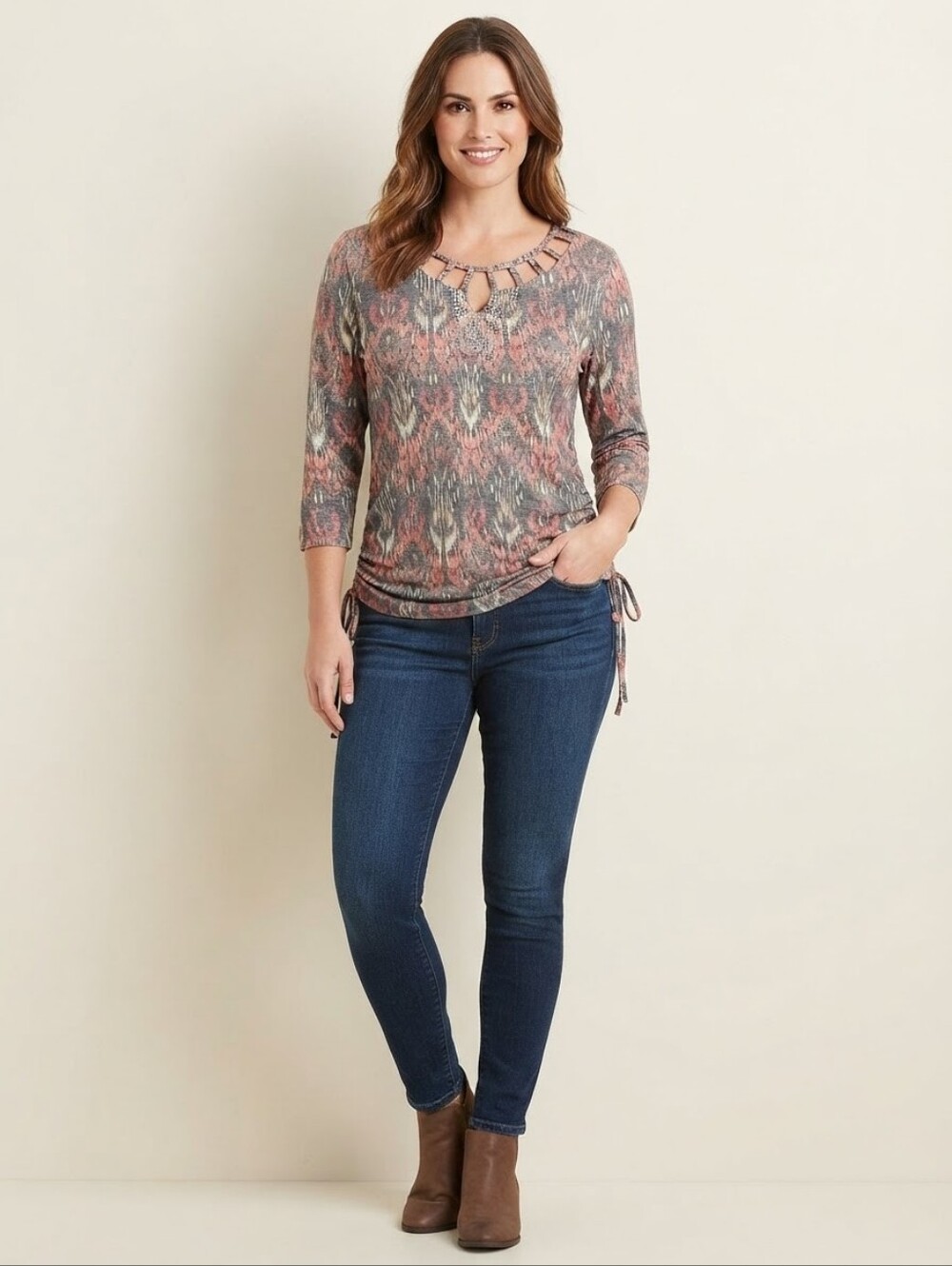 ​Erika Jovie Boho Aztec Rhinestone Cutout Cinch Side Top Small